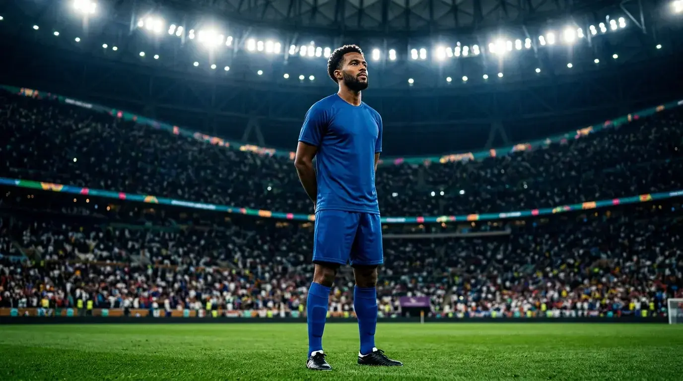 Futbalista malého ostrovného tímu v modrom drese pred zaplneným štadiónom MS 2026