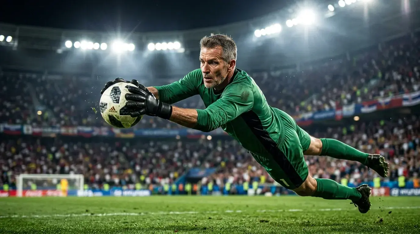 Skúsený brankár malého tímu chytá loptu vo vzduchu počas zápasu MS 2026