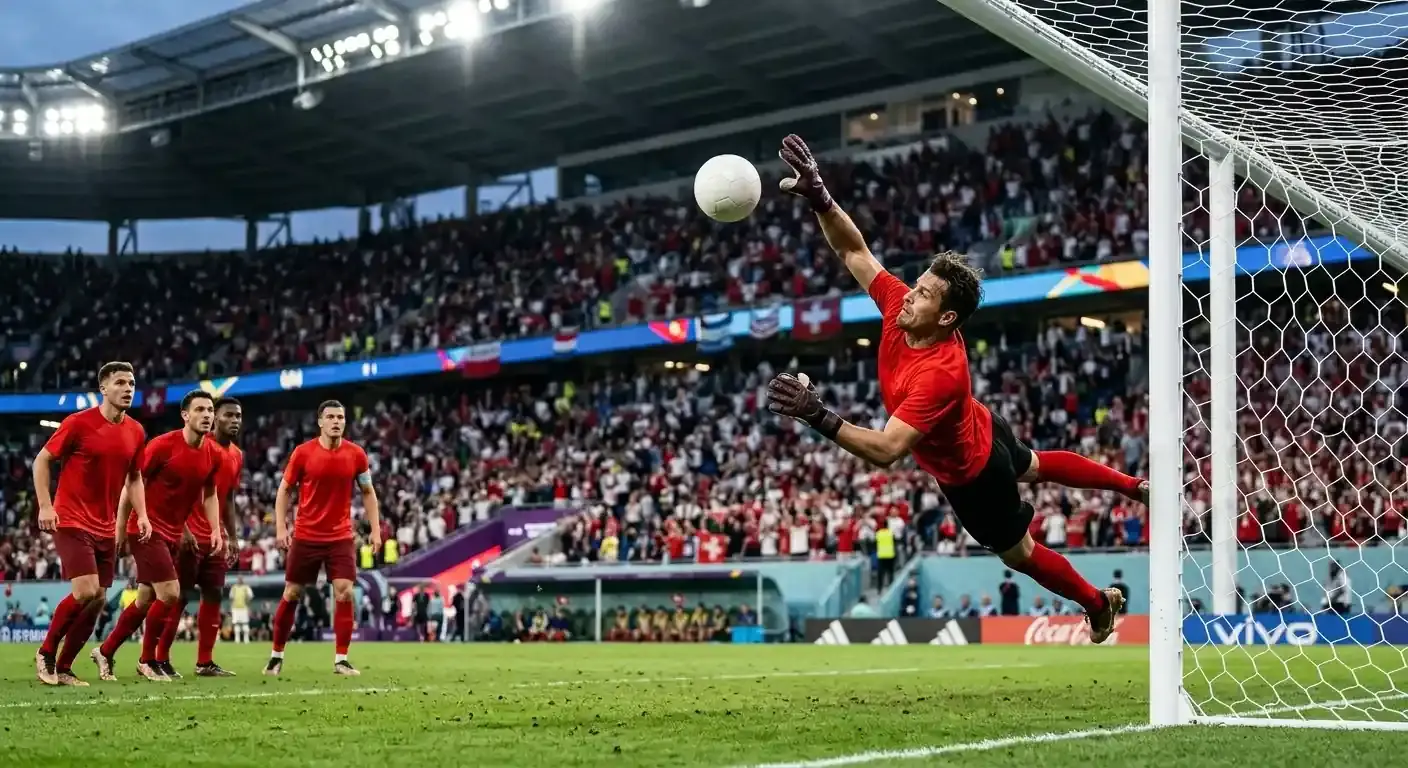 Švajčiarsky brankár chytá penaltu v osemfinále MS 2026 proti Kolumbii