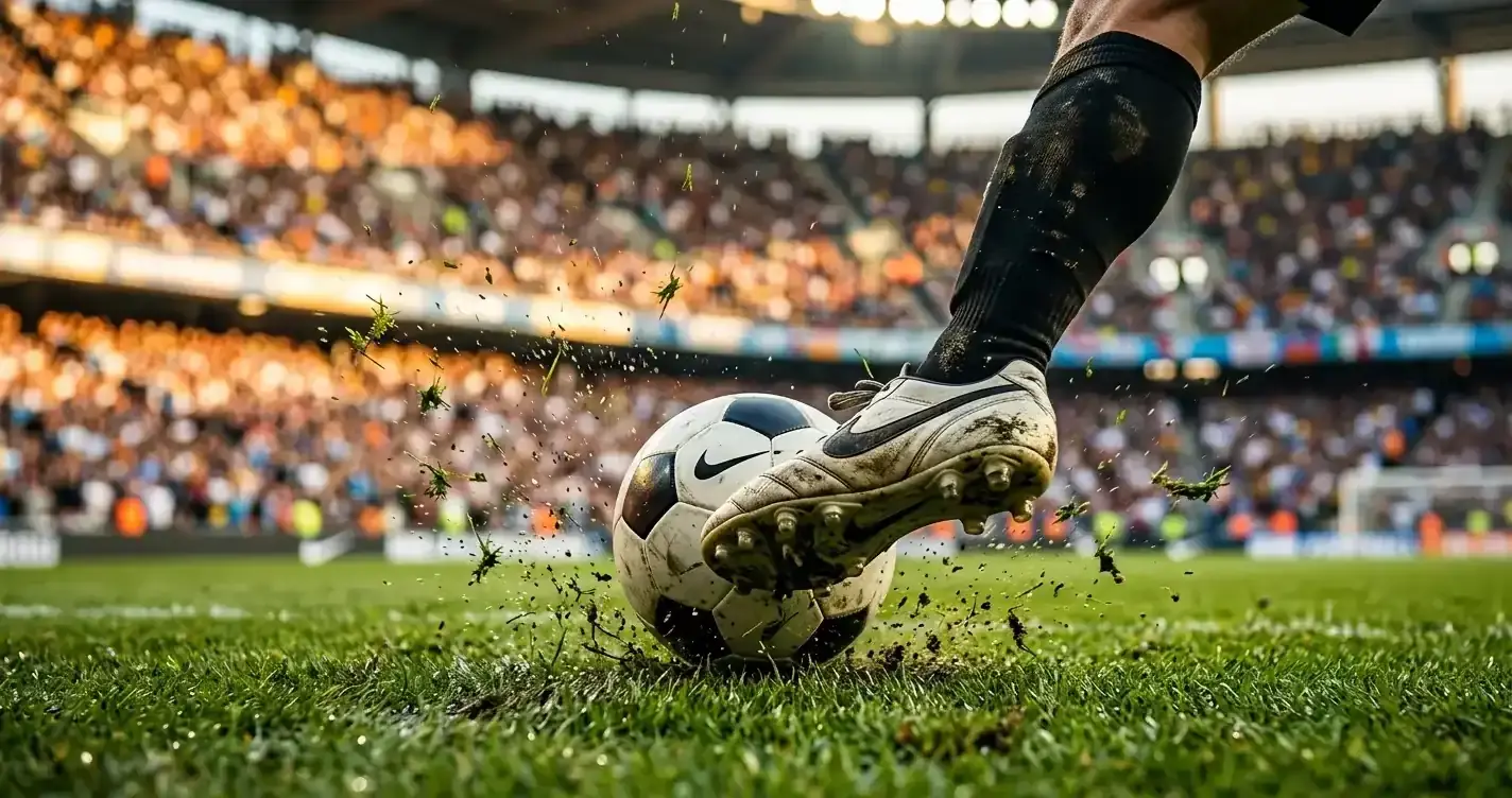 Detail futbalovej kopačky a lopty na trávniku s jasajúcou tribúnou v pozadí