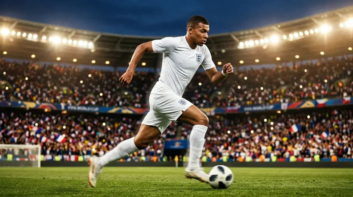 Kylian Mbappé v bielom drese Francúzska beží s loptou počas večerného zápasu MS 2026