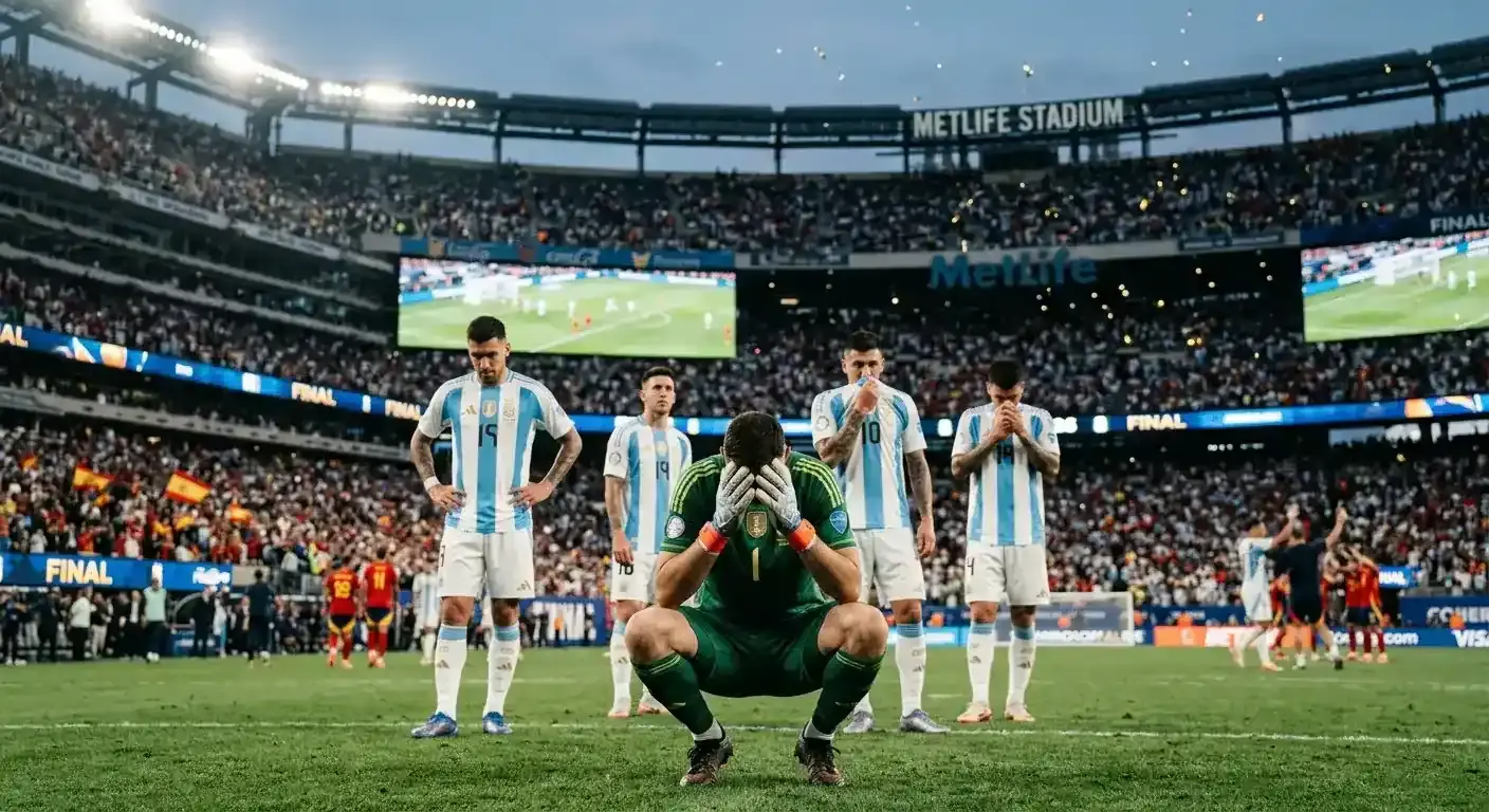 Emiliano Martínez a argentínski hráči po prehratom finále MS 2026