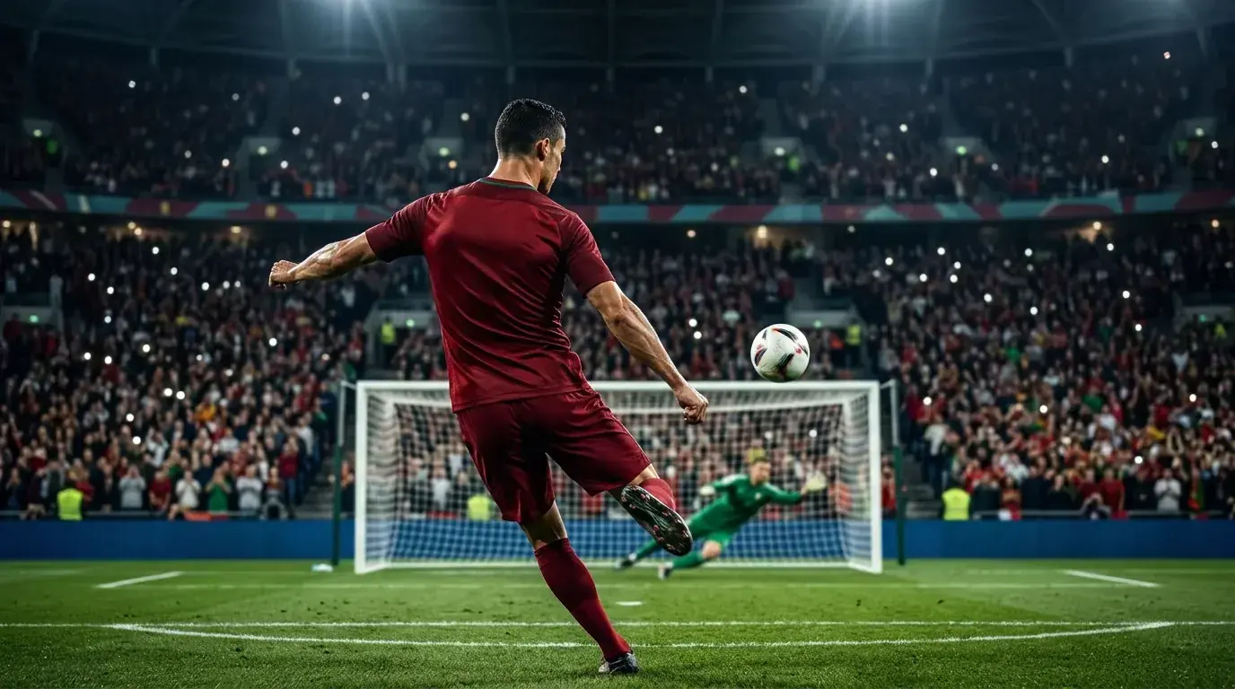 Cristiano Ronaldo premieňa pokutový kop v šestnásťfinále MS 2026 pod svetlami štadióna