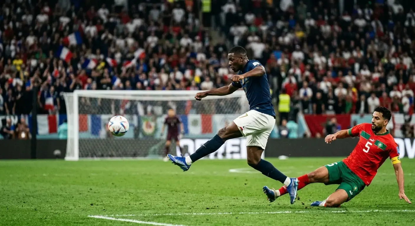 Ousmane Dembélé zakončuje druhý gól Francúzska v štvrťfinále proti Maroku